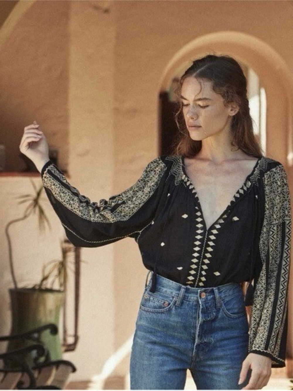 Doen Black Embroidered V-Neck Peasant Top